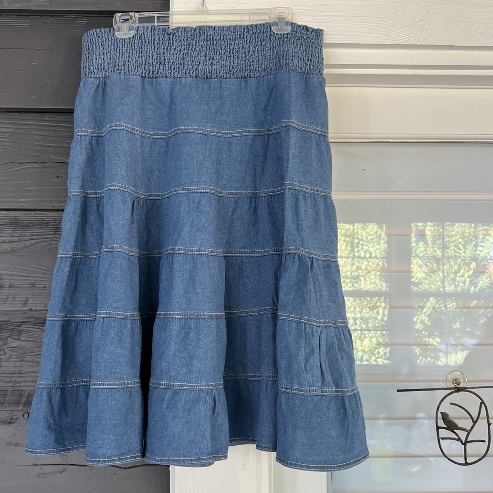 Cato Denim Tiered Midi Skirt 12 Blue Chambray Smocked Back Waist Boho Prairie